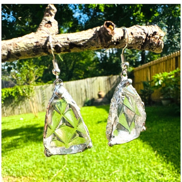 Handcrafted Anchor Hocking Crystal Earrings With Silver Blend Bezel & 925 Hooks - Picture 6 of 16